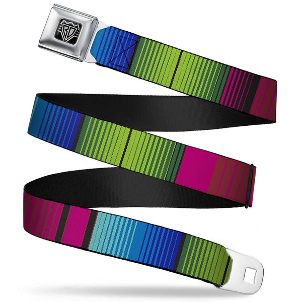 Buckle-Down BD Wings Logo CLOSE-UP Full Color Black Silver Seatbelt Belt - Zarape7 Vertical Pinks/Blues/Greens/Black Webbing