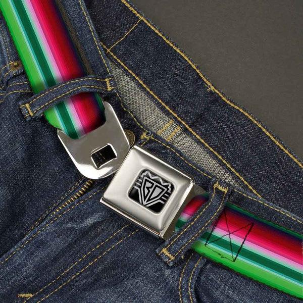 Buckle-Down BD Wings Logo CLOSE-UP Full Color Black Silver Seatbelt Belt - Zarape1 Horizontal Red/White/Green Webbing