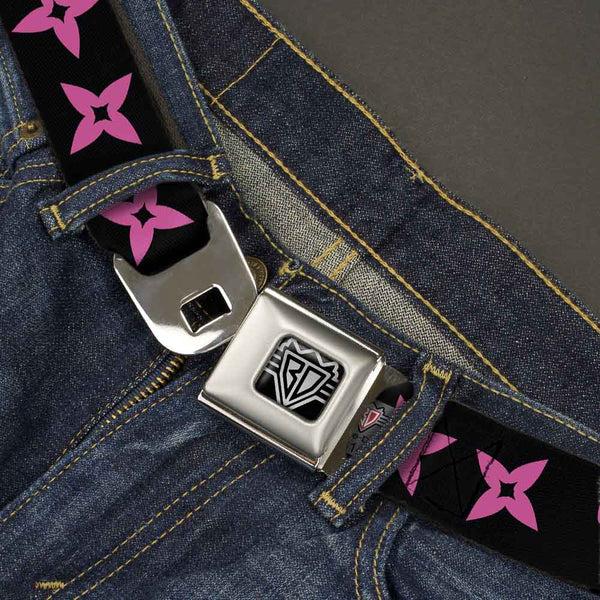 Buckle-Down BD Wings Logo CLOSE-UP Full Color Black Silver Seatbelt Belt - Ninja Star Black/Pink Webbing