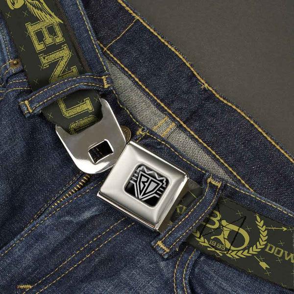 Buckle-Down BD Wings Logo CLOSE-UP Full Color Black Silver Seatbelt Belt - BD Winged Skull ENJOY THE RIDE Olive/Lime Green Webbing