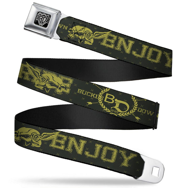 Buckle-Down BD Wings Logo CLOSE-UP Full Color Black Silver Seatbelt Belt - BD Winged Skull ENJOY THE RIDE Olive/Lime Green Webbing
