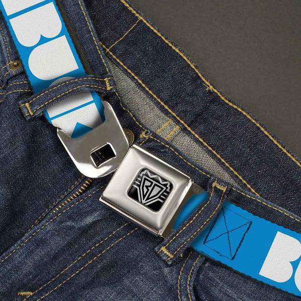 Buckle-Down BD Wings Logo CLOSE-UP Full Color Black Silver Seatbelt Belt - BUCKLE-DOWN Shapes Turquoise/White Webbing