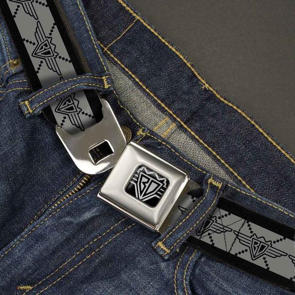 Buckle-Down BD Wings Logo CLOSE-UP Full Color Black Silver Seatbelt Belt - BD Monogram2 Gray/Black Webbing