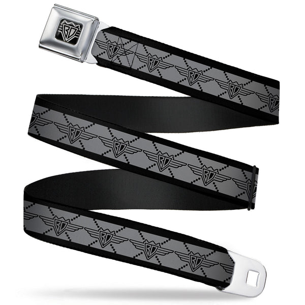 Buckle-Down BD Wings Logo CLOSE-UP Full Color Black Silver Seatbelt Belt - BD Monogram2 Gray/Black Webbing