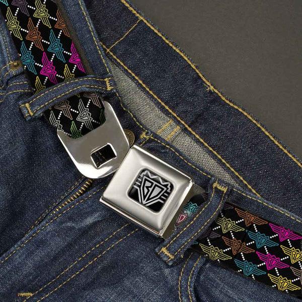 Buckle-Down BD Wings Logo CLOSE-UP Full Color Black Silver Seatbelt Belt - BD Monogram Black/Multi Neon Webbing