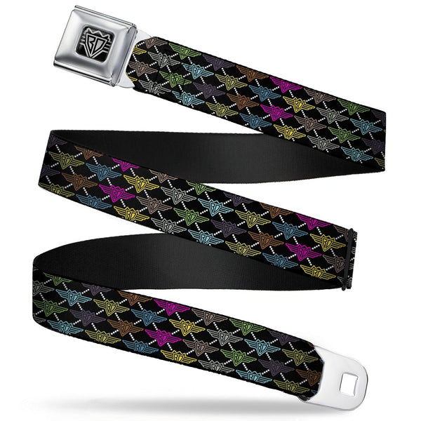 Buckle-Down BD Wings Logo CLOSE-UP Full Color Black Silver Seatbelt Belt - BD Monogram Black/Multi Neon Webbing