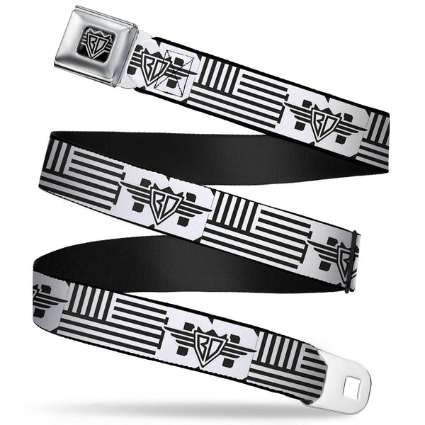Buckle-Down BD Wings Logo CLOSE-UP Full Color Black Silver Seatbelt Belt - BD Logo/American Stripe Flag White/Black Webbing