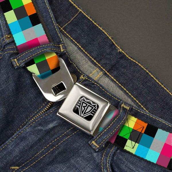 Buckle-Down BD Wings Logo CLOSE-UP Full Color Black Silver Seatbelt Belt - Checker Bright Pastel Webbing