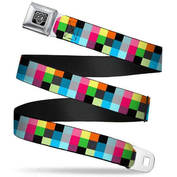 Buckle-Down BD Wings Logo CLOSE-UP Full Color Black Silver Seatbelt Belt - Checker Bright Pastel Webbing