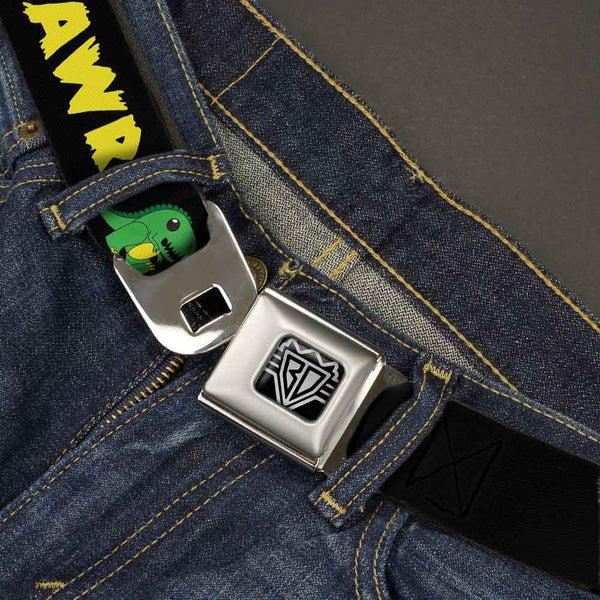 Buckle-Down BD Wings Logo CLOSE-UP Full Color Black Silver Seatbelt Belt - RRRAWR Dinosaur Black/Green/Yellow Webbing