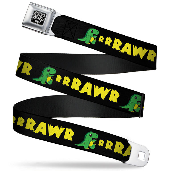 Buckle-Down BD Wings Logo CLOSE-UP Full Color Black Silver Seatbelt Belt - RRRAWR Dinosaur Black/Green/Yellow Webbing