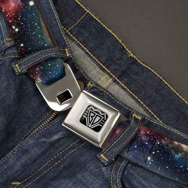 Buckle-Down BD Wings Logo CLOSE-UP Full Color Black Silver Seatbelt Belt - Space Dust Collage Webbing