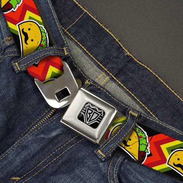 Buckle-Down BD Wings Logo CLOSE-UP Full Color Black Silver Seatbelt Belt - Taco Man Webbing