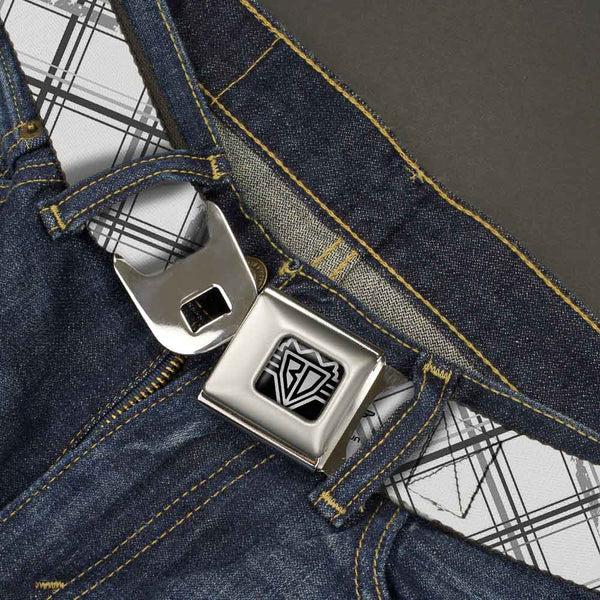 Buckle-Down BD Wings Logo CLOSE-UP Full Color Black Silver Seatbelt Belt - Plaid X Weathered White/Gray Webbing