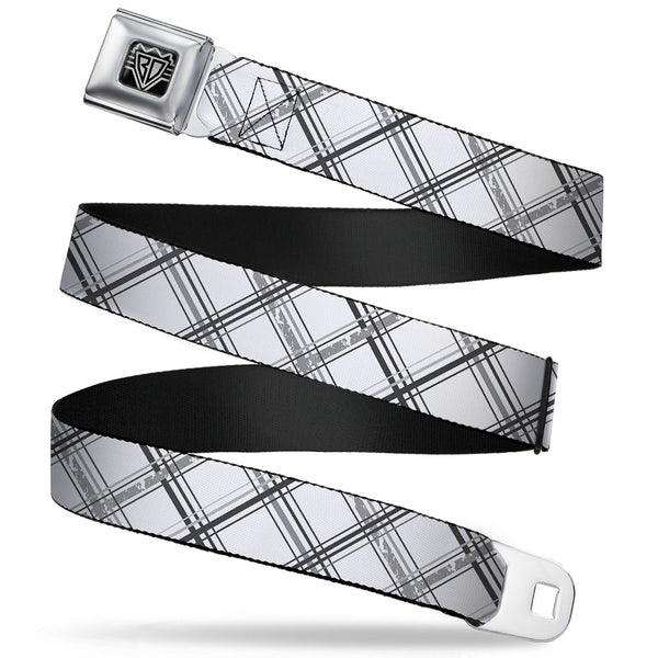 Buckle-Down BD Wings Logo CLOSE-UP Full Color Black Silver Seatbelt Belt - Plaid X Weathered White/Gray Webbing Buckle-Down BD Wings Logo CLOSE-UP Full Color Black Silver Seatbelt Belt - Plaid X Weathered White/Gray Webbing