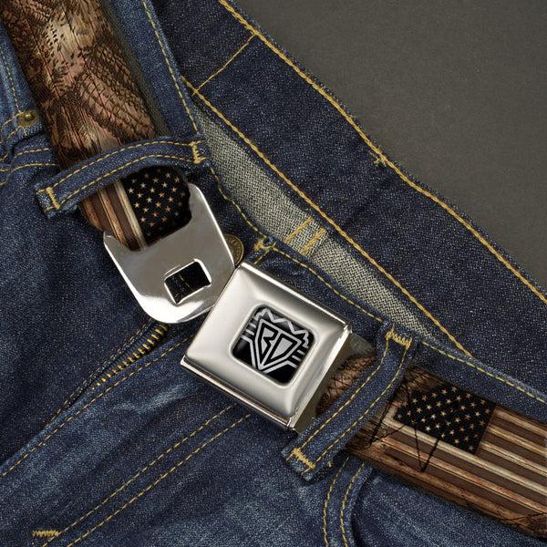 Buckle-Down BD Wings Logo CLOSE-UP Full Color Black Silver Seatbelt Belt - Americana Eagle & Flag Rustic Wood Grain Webbing