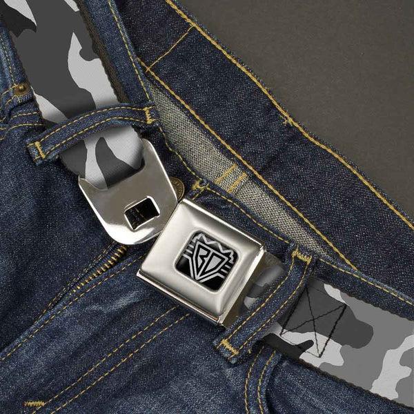 Buckle-Down BD Wings Logo CLOSE-UP Full Color Black Silver Seatbelt Belt - Camo White Webbing
