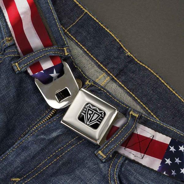 Buckle-Down BD Wings Logo CLOSE-UP Full Color Black Silver Seatbelt Belt - American Flag Vivid CLOSE-UP Webbing