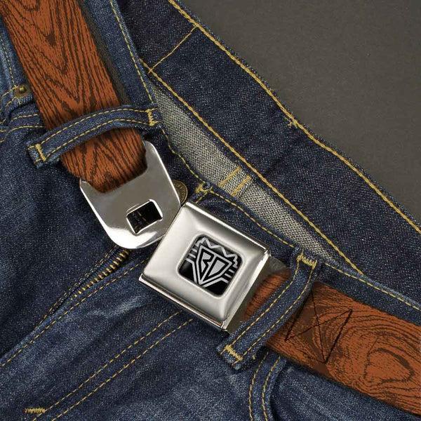Buckle-Down BD Wings Logo CLOSE-UP Full Color Black Silver Seatbelt Belt - Wood Grain Cherry Wood Webbing