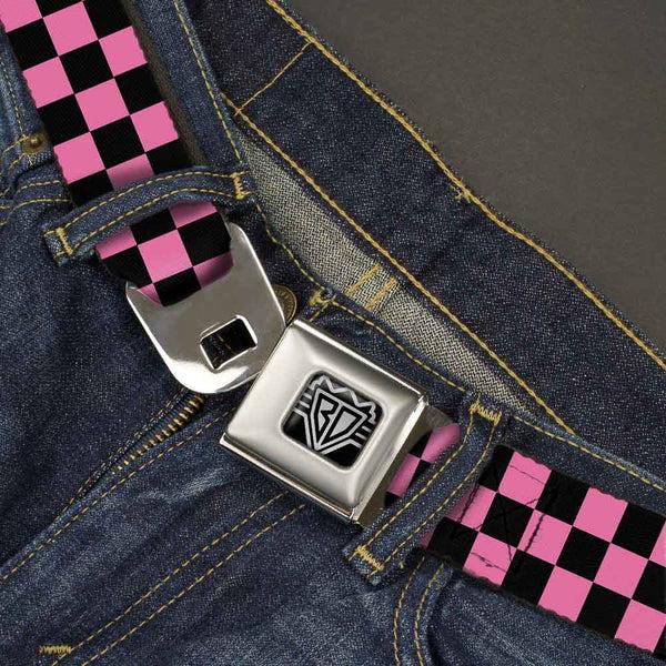 Buckle-Down BD Wings Logo CLOSE-UP Full Color Black Silver Seatbelt Belt - Checker Black/Pink Webbing