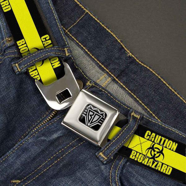 Buckle-Down BD Wings Logo CLOSE-UP Full Color Black Silver Seatbelt Belt - CAUTION BIOHAZARD Black/Yellow Webbing