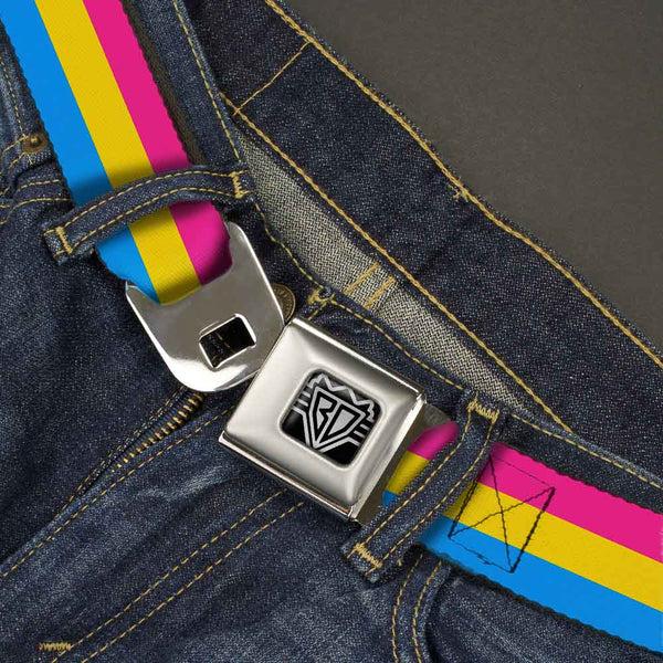 Buckle-Down BD Wings Logo CLOSE-UP Full Color Black Silver Seatbelt Belt - Flag Pansexual Pink/Yellow/Blue Webbing