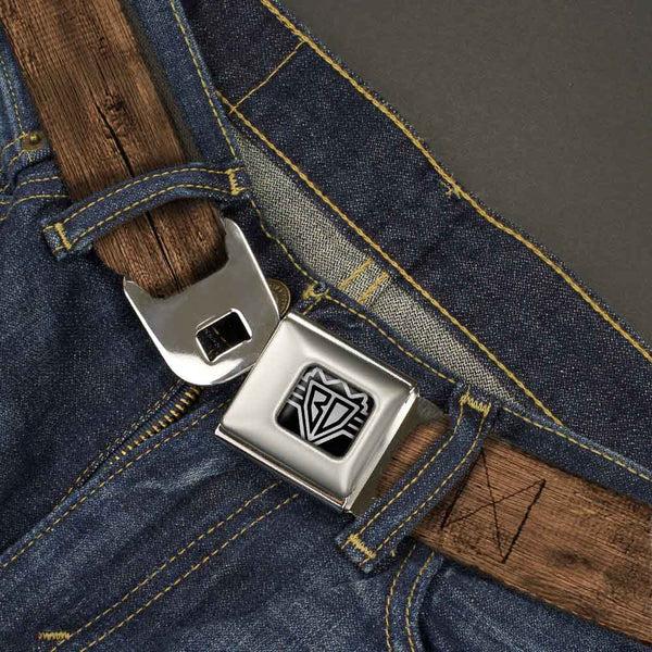 Buckle-Down BD Wings Logo CLOSE-UP Full Color Black Silver Seatbelt Belt - Wood Grain3 Horizontal Brown Webbing