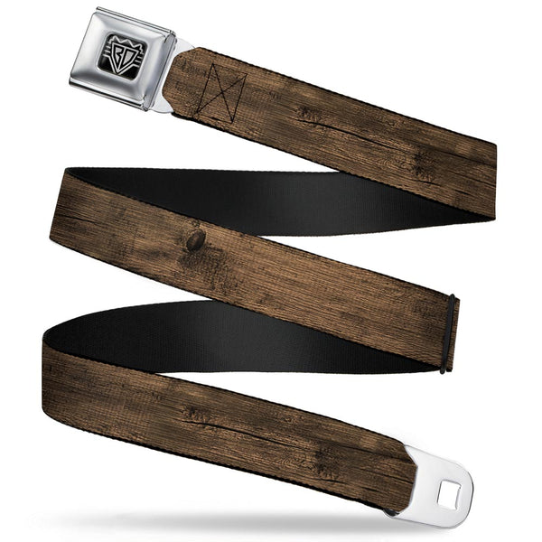 Buckle-Down BD Wings Logo CLOSE-UP Full Color Black Silver Seatbelt Belt - Wood Grain3 Horizontal Brown Webbing