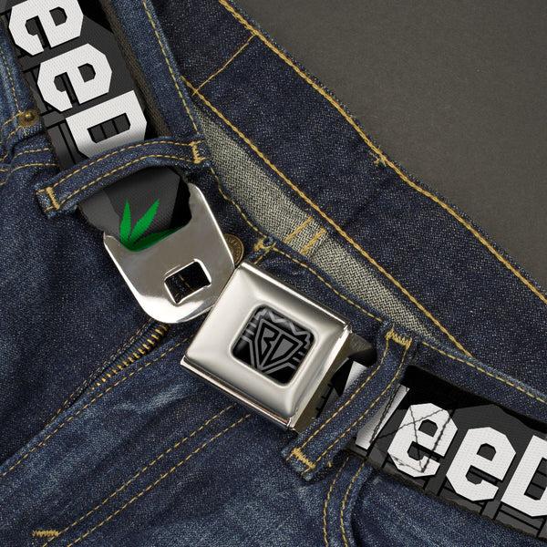 Buckle-Down BD Wings Logo CLOSE-UP Full Color Black Silver Seatbelt Belt - HOLLYWEED Sign Skyline/Pot Leaf Black/Grays/White/Green Webbing