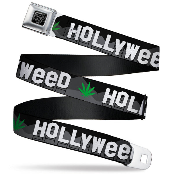 Buckle-Down BD Wings Logo CLOSE-UP Full Color Black Silver Seatbelt Belt - HOLLYWEED Sign Skyline/Pot Leaf Black/Grays/White/Green Webbing