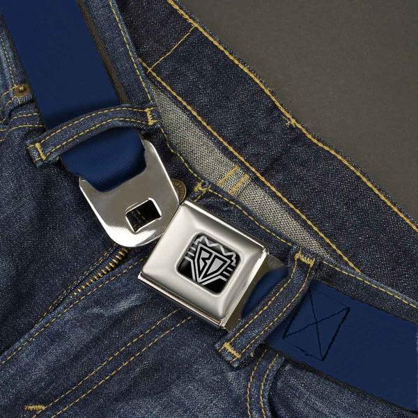 Buckle-Down BD Wings Logo CLOSE-UP Full Color Black Silver Seatbelt Belt - Navy Webbing
