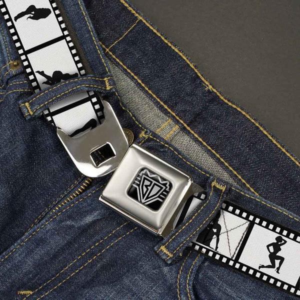 Buckle-Down BD Wings Logo CLOSE-UP Full Color Black Silver Seatbelt Belt - Girls Posing Film Strip White/Black Webbing
