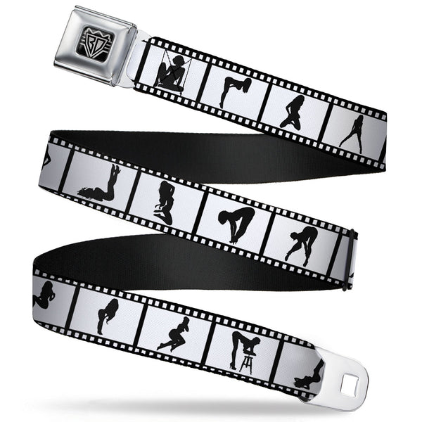 Buckle-Down BD Wings Logo CLOSE-UP Full Color Black Silver Seatbelt Belt - Girls Posing Film Strip White/Black Webbing