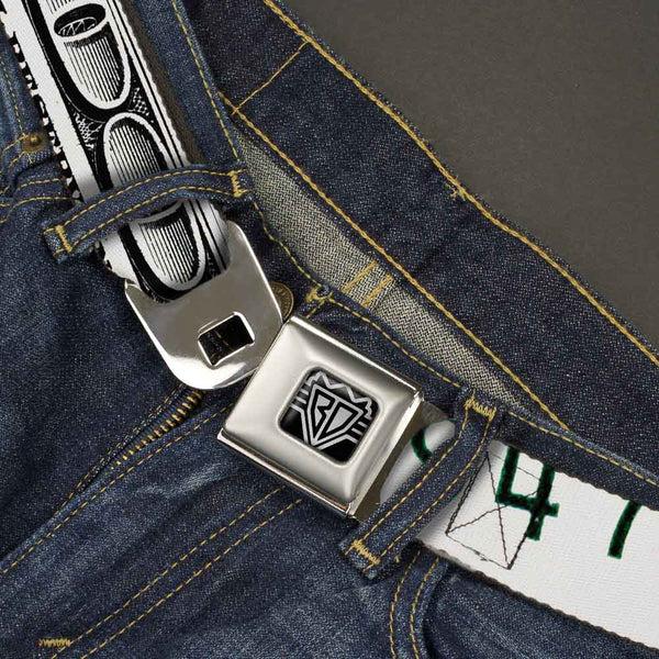 Buckle-Down BD Wings Logo CLOSE-UP Full Color Black Silver Seatbelt Belt - 100 Dollar Bill CLOSE-UP White/Black Webbing