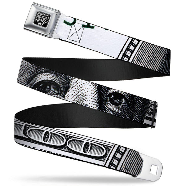 Buckle-Down BD Wings Logo CLOSE-UP Full Color Black Silver Seatbelt Belt - 100 Dollar Bill CLOSE-UP White/Black Webbing