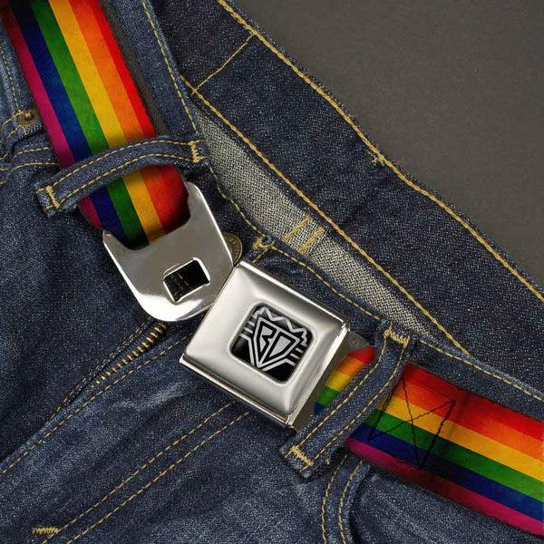 Buckle-Down BD Wings Logo CLOSE-UP Full Color Black Silver Seatbelt Belt - Flag Pride Distressed Rainbow Webbing