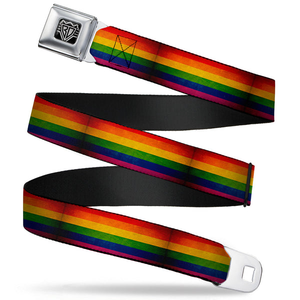Buckle-Down BD Wings Logo CLOSE-UP Full Color Black Silver Seatbelt Belt - Flag Pride Distressed Rainbow Webbing