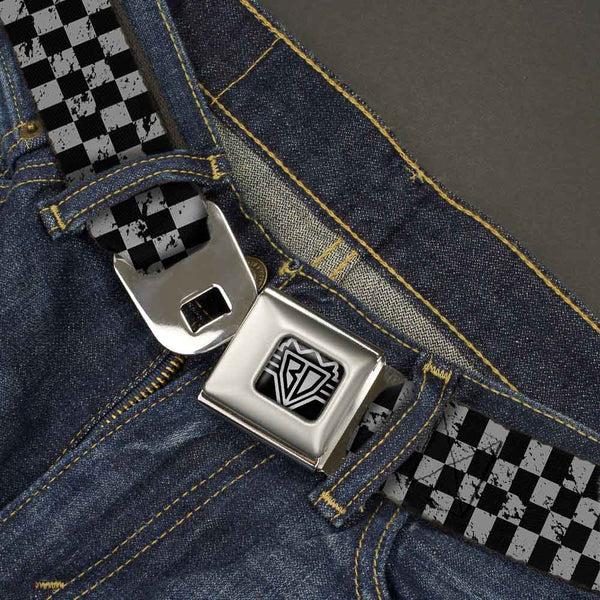 Buckle-Down BD Wings Logo CLOSE-UP Full Color Black Silver Seatbelt Belt - Checker Weathered Black/Gray Webbing