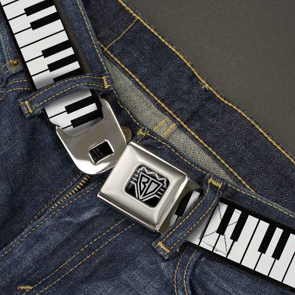 Buckle-Down BD Wings Logo CLOSE-UP Full Color Black Silver Seatbelt Belt - Piano Keys Webbing