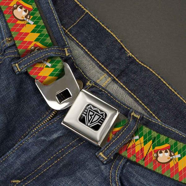 Buckle-Down BD Wings Logo CLOSE-UP Full Color Black Silver Seatbelt Belt - Smoking Monkey Repeat Argyle Rasta Webbing