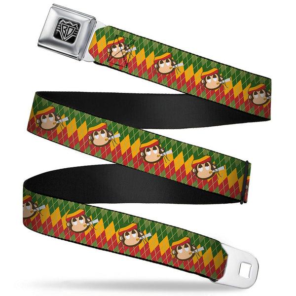 Buckle-Down BD Wings Logo CLOSE-UP Full Color Black Silver Seatbelt Belt - Smoking Monkey Repeat Argyle Rasta Webbing