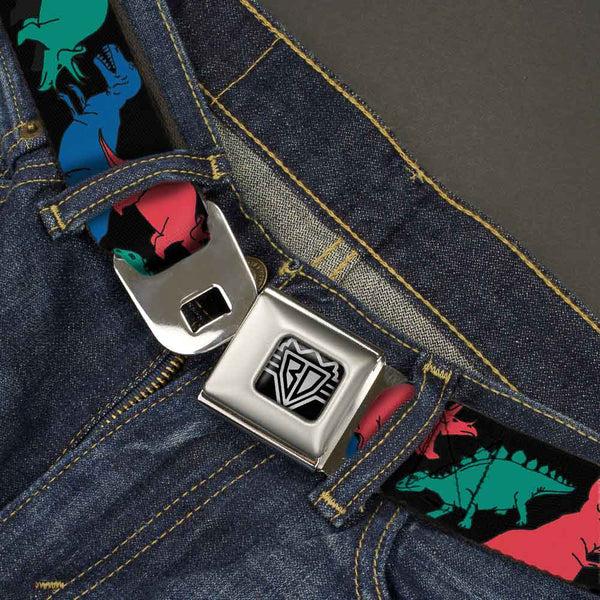 Buckle-Down BD Wings Logo CLOSE-UP Full Color Black Silver Seatbelt Belt - Dinosaurs Black/Multi Color Webbing