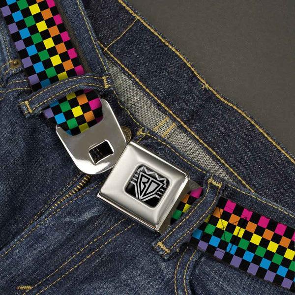 Buckle-Down BD Wings Logo CLOSE-UP Full Color Black Silver Seatbelt Belt - Checker Black/Neon Rainbow Webbing