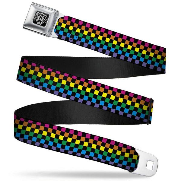 Buckle-Down BD Wings Logo CLOSE-UP Full Color Black Silver Seatbelt Belt - Checker Black/Neon Rainbow Webbing