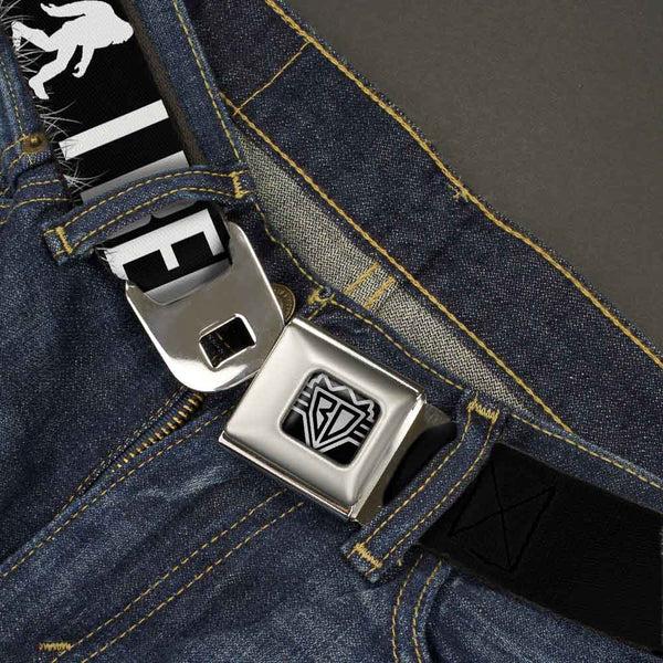 Buckle-Down BD Wings Logo CLOSE-UP Full Color Black Silver Seatbelt Belt - Bigfoot Silhouette I BELIEVE Black/Gray/White Webbing
