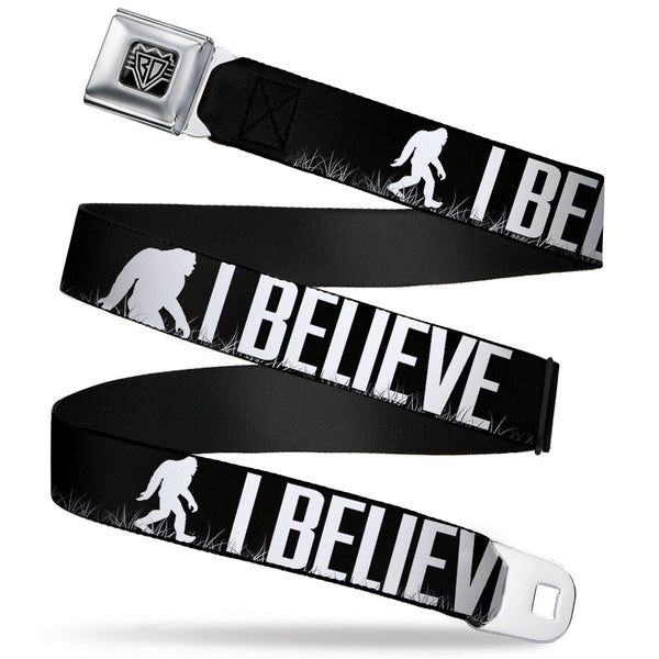 Buckle-Down BD Wings Logo CLOSE-UP Full Color Black Silver Seatbelt Belt - Bigfoot Silhouette I BELIEVE Black/Gray/White Webbing