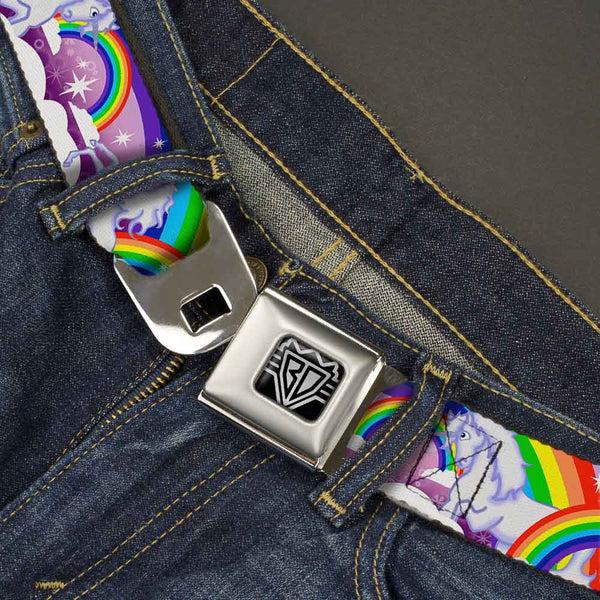 Buckle-Down BD Wings Logo CLOSE-UP Full Color Black Silver Seatbelt Belt - Unicorns In Rainbows W/Sparkles/Purple Webbing