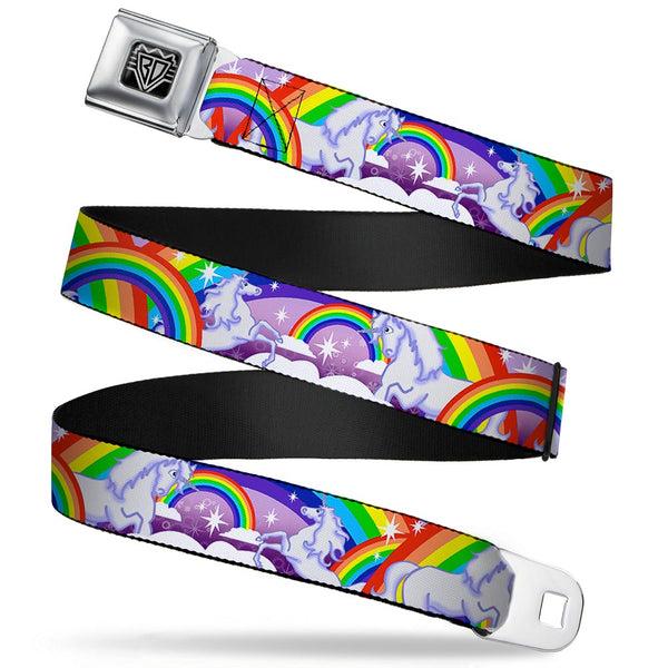 Buckle-Down BD Wings Logo CLOSE-UP Full Color Black Silver Seatbelt Belt - Unicorns in Rainbows w/Sparkles/Purple Webbing