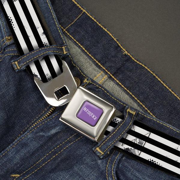 Buckle-Down BEETLEJUICE Text Logo Full Color Purple/White Seatbelt Belt - Beetlejuice Suit Striping Black/White Webbing