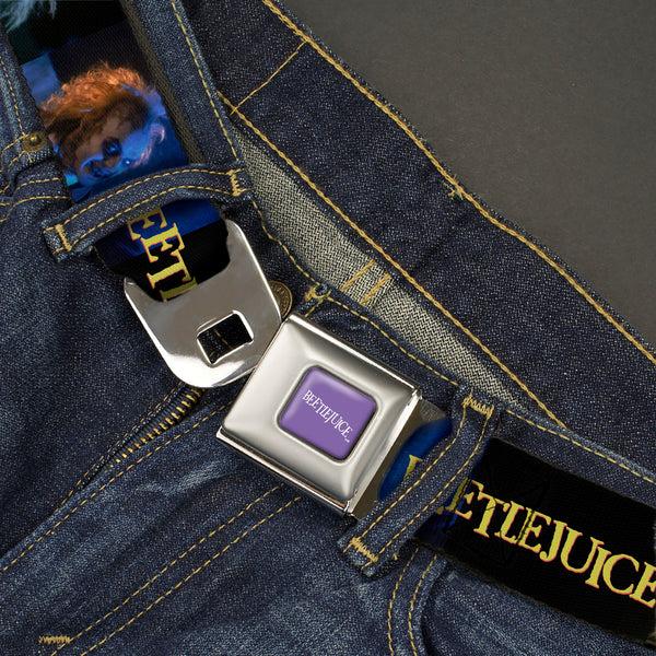Buckle-Down BEETLEJUICE Text Logo Full Color Purple/White Seatbelt Belt - BEETLEJUICE Title Logo And Expressions Black Webbing